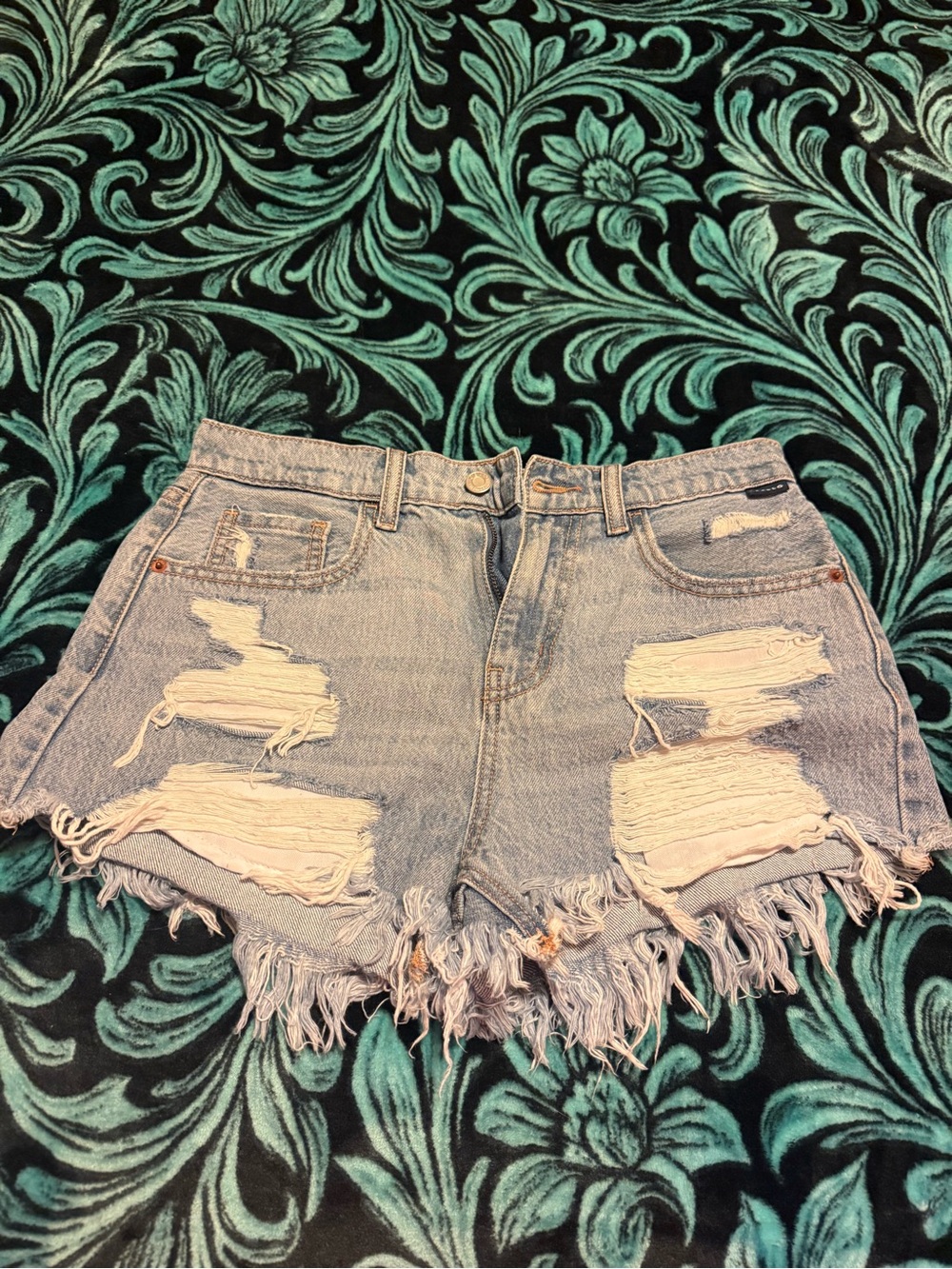 Cello High-Rise Distressed Denim Shorts in Light Blue